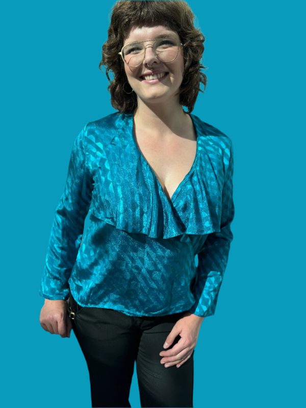 FREDERICK S OF HOLLYWOOD BLUE SHIMMERY BLOUSE Online Sale