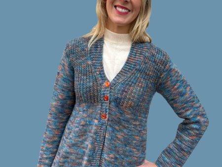 VINTAGE BLUE AND ORANGE HAND KNIT CARDIGAN For Sale