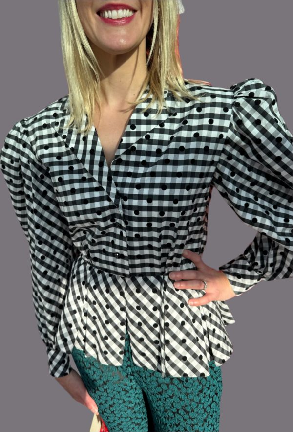 1980s PETER BARRON DESIGNER BLACK AND WHITE BLOUSE For Discount